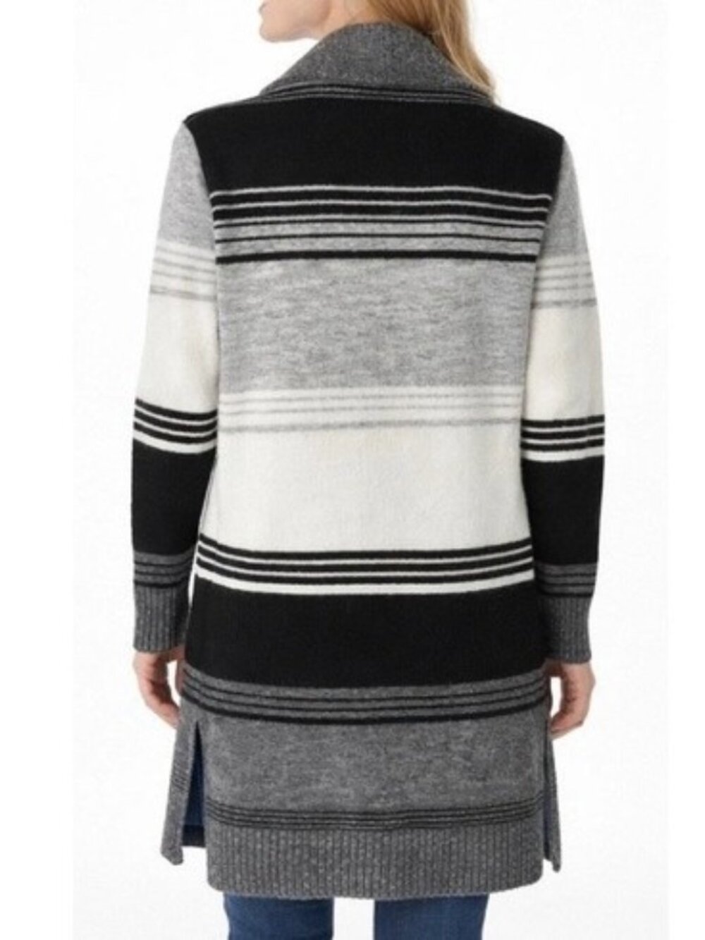 Trim True Women's Black/White/Gray Striped Cardigan Size 12-14 - Picture 9 of 9